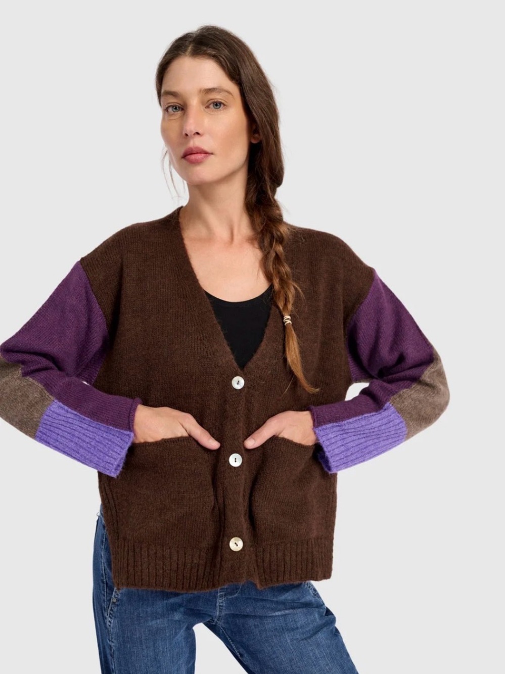 Alembika Finch Cardigan Brown Purple Wool Boxy Cropped Wool Italy SIZE LARGE